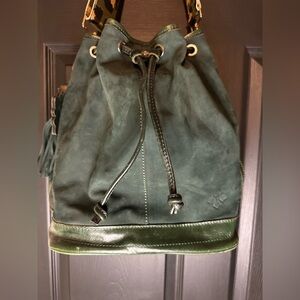 Patricia Nash Leather Melrose Dark Green Bucket Drawstring Handbag